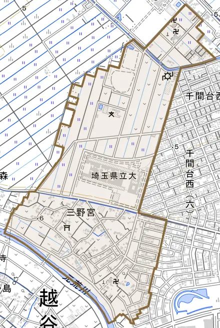 大字三野宮とその周辺の地図。町の範囲を重ねている