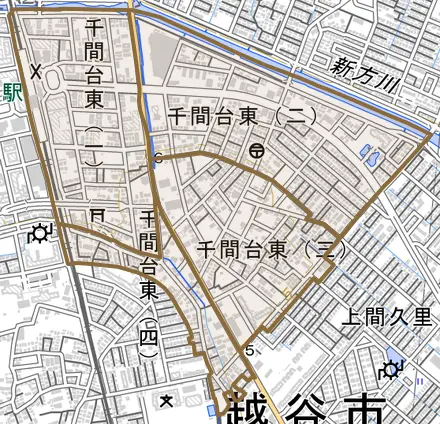 千間台東とその周辺の地図。町の範囲を重ねている