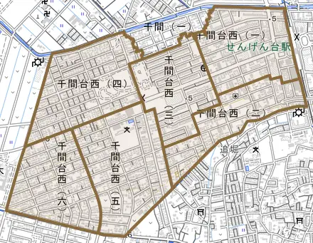 千間台西とその周辺の地図。町の範囲を重ねている