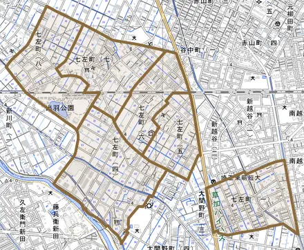 七左町とその周辺の地図。町の範囲を重ねている
