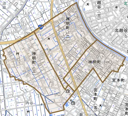 神明町とその周辺の地図。町の範囲を重ねている