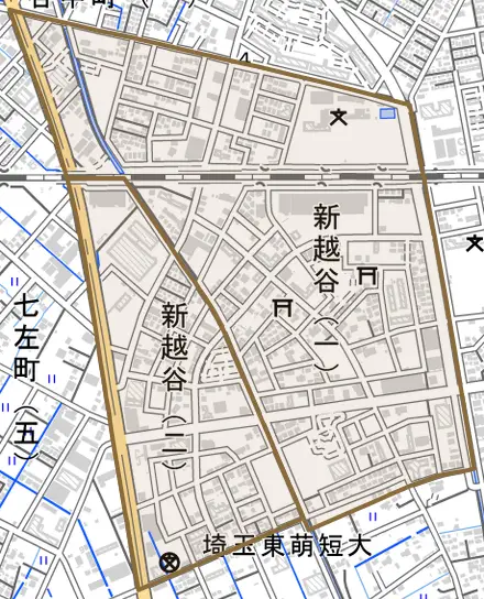 新越谷とその周辺の地図。町の範囲を重ねている