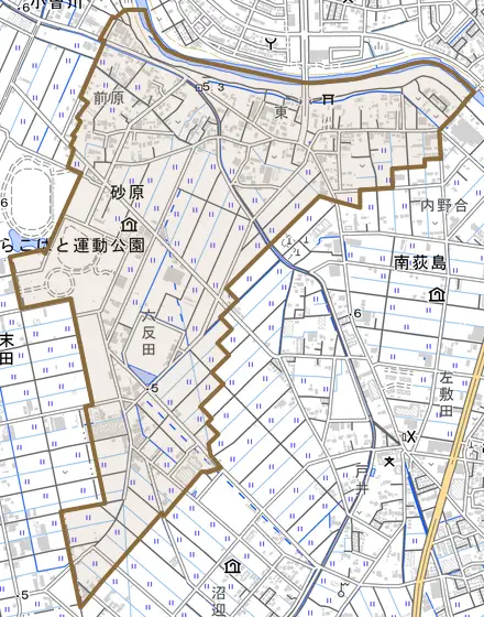 大字砂原とその周辺の地図。町の範囲を重ねている