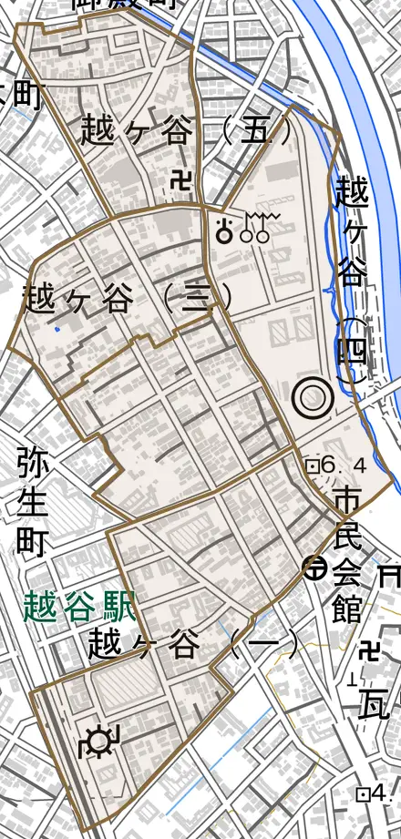 越ヶ谷とその周辺の地図。町の範囲を重ねている