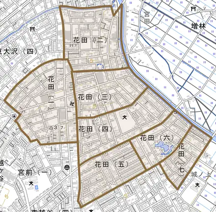 花田とその周辺の地図。町の範囲を重ねている
