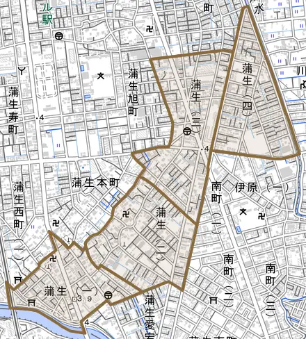 蒲生とその周辺の地図。町の範囲を重ねている