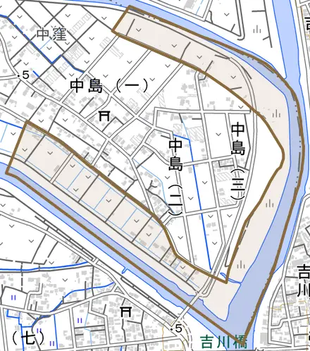 大字中島とその周辺の地図。町の範囲を重ねている