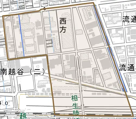 大字西方とその周辺の地図。町の範囲を重ねている