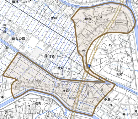 大字増森とその周辺の地図。町の範囲を重ねている