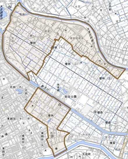 大字増林とその周辺の地図。町の範囲を重ねている