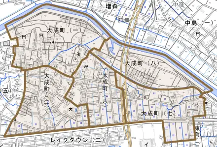 大成町とその周辺の地図。町の範囲を重ねている