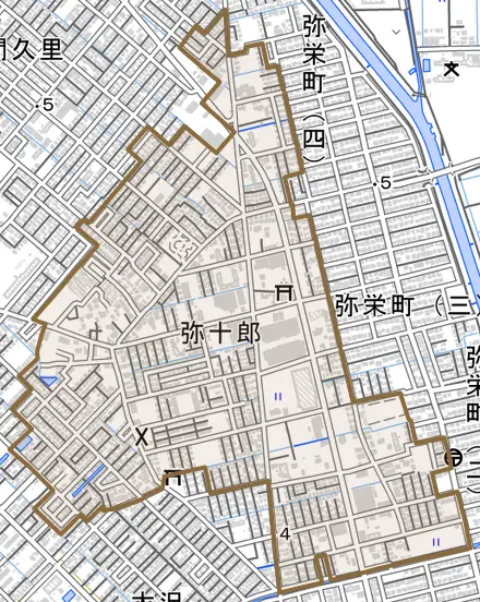 大字弥十郎とその周辺の地図。町の範囲を重ねている