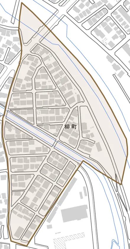 柳町とその周辺の地図。町の範囲を重ねている