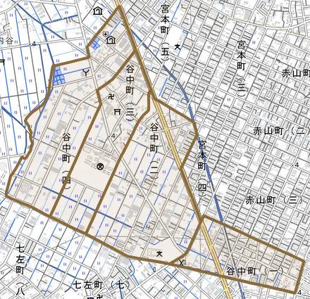 谷中町とその周辺の地図。町の範囲を重ねている