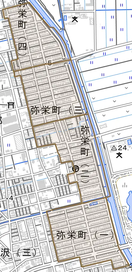弥栄町とその周辺の地図。町の範囲を重ねている