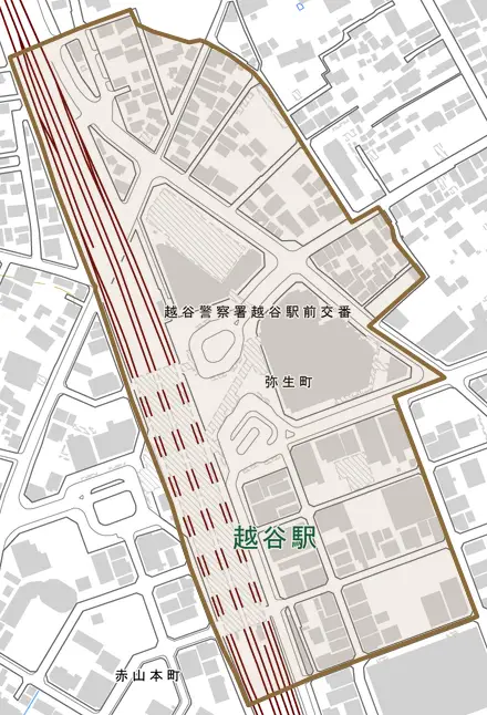 弥生町とその周辺の地図。町の範囲を重ねている