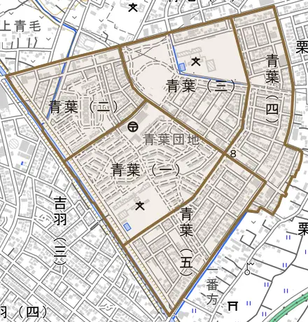 青葉とその周辺の地図。町の範囲を重ねている