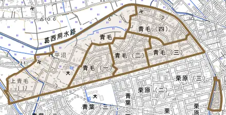 青毛とその周辺の地図。町の範囲を重ねている