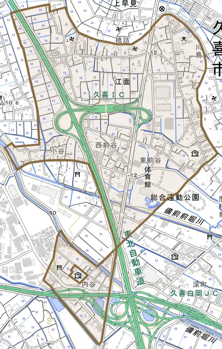 江面とその周辺の地図。町の範囲を重ねている