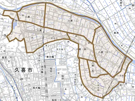 八甫とその周辺の地図。町の範囲を重ねている