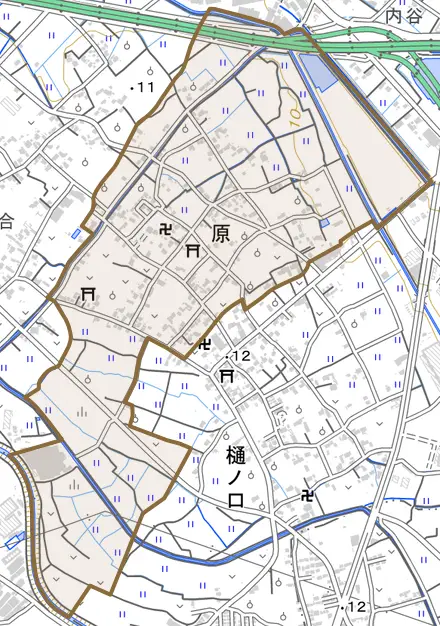 原とその周辺の地図。町の範囲を重ねている