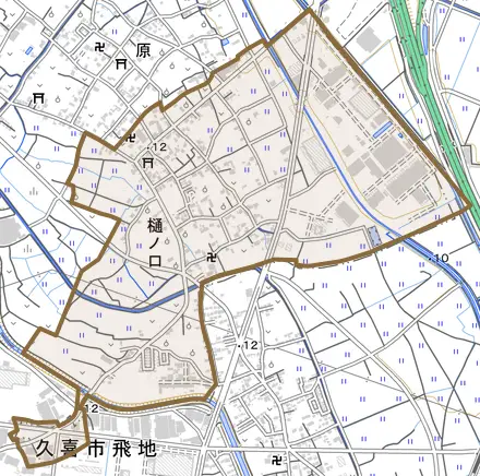 樋ノ口とその周辺の地図。町の範囲を重ねている