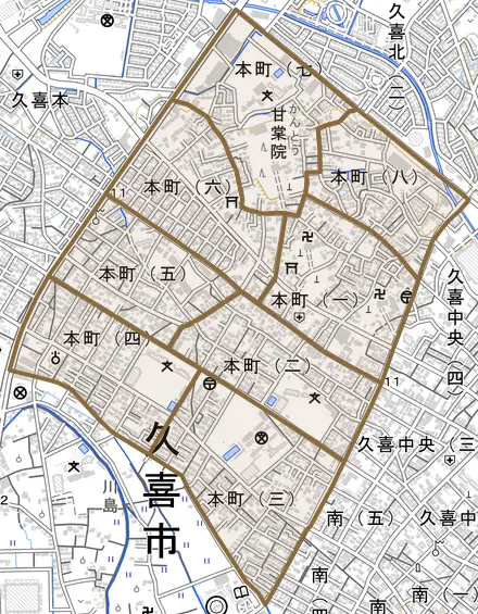 本町とその周辺の地図。町の範囲を重ねている