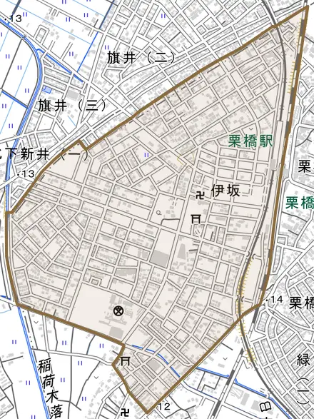 伊坂とその周辺の地図。町の範囲を重ねている