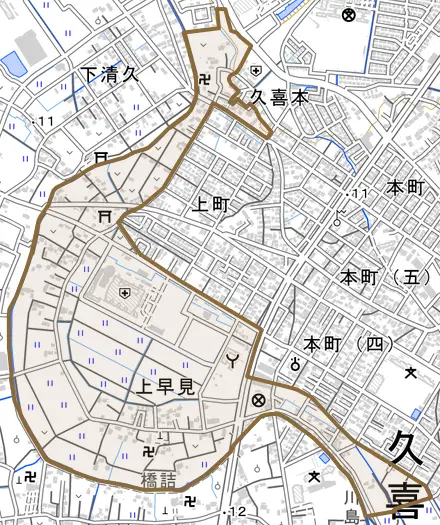 上早見とその周辺の地図。町の範囲を重ねている