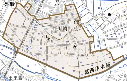 上川崎とその周辺の地図。町の範囲を重ねている
