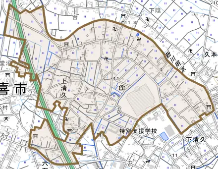 上清久とその周辺の地図。町の範囲を重ねている