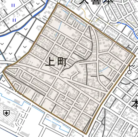 上町とその周辺の地図。町の範囲を重ねている