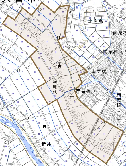 河原代とその周辺の地図。町の範囲を重ねている
