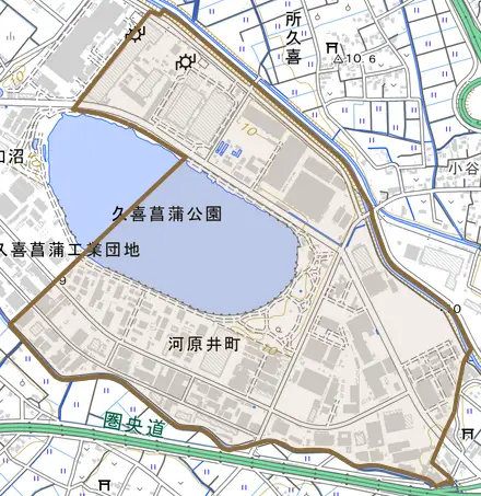 河原井町とその周辺の地図。町の範囲を重ねている