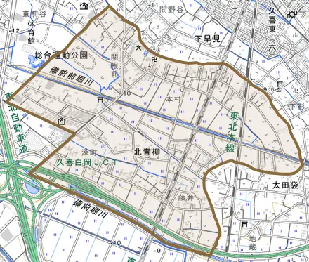 北青柳とその周辺の地図。町の範囲を重ねている