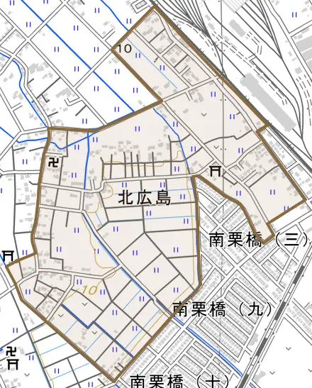 北広島とその周辺の地図。町の範囲を重ねている