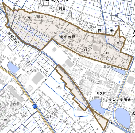 北中曽根とその周辺の地図。町の範囲を重ねている