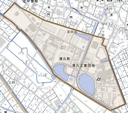清久町とその周辺の地図。町の範囲を重ねている