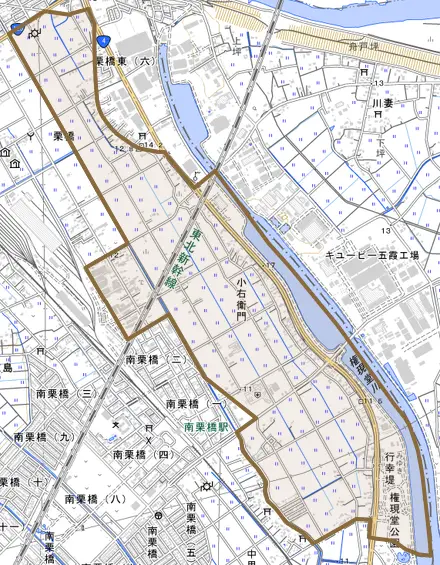 小右衛門とその周辺の地図。町の範囲を重ねている