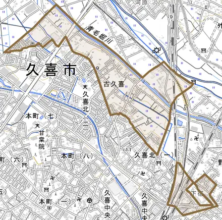 古久喜とその周辺の地図。町の範囲を重ねている