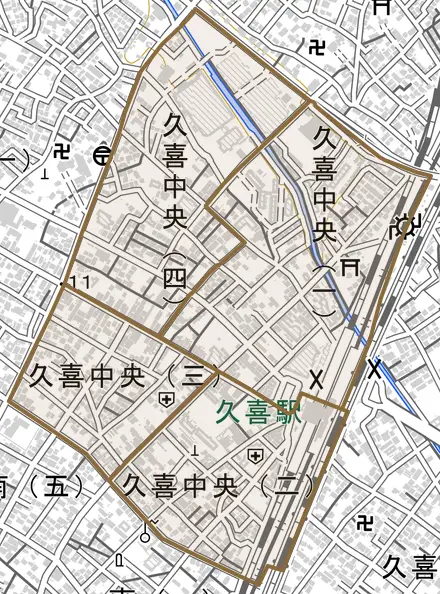 久喜中央とその周辺の地図。町の範囲を重ねている