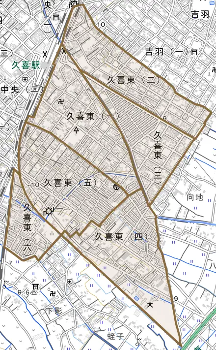 久喜東とその周辺の地図。町の範囲を重ねている