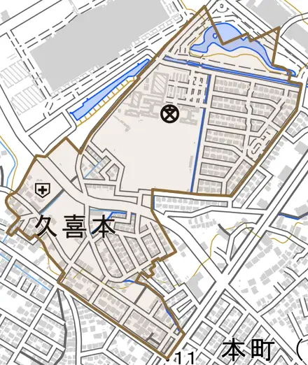 久喜本とその周辺の地図。町の範囲を重ねている
