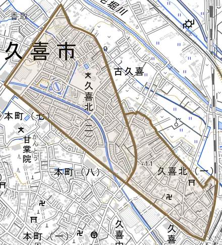 久喜北とその周辺の地図。町の範囲を重ねている