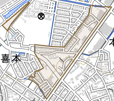 久喜新とその周辺の地図。町の範囲を重ねている