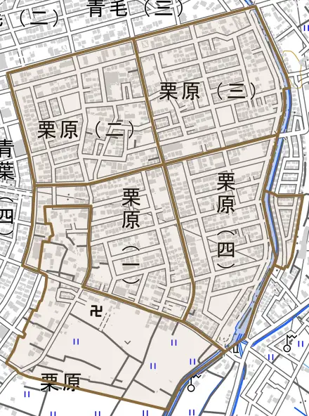 栗原とその周辺の地図。町の範囲を重ねている