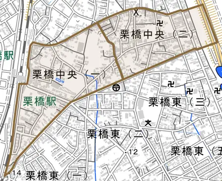 栗橋中央とその周辺の地図。町の範囲を重ねている