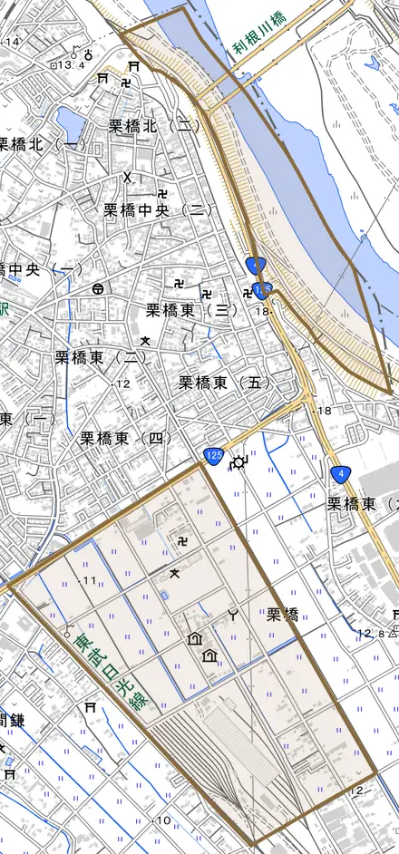 栗橋とその周辺の地図。町の範囲を重ねている
