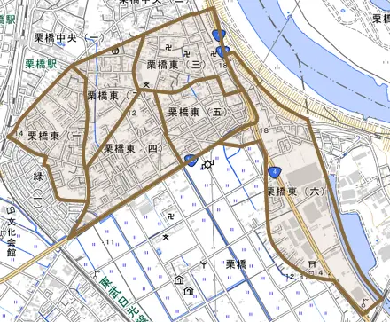 栗橋東とその周辺の地図。町の範囲を重ねている