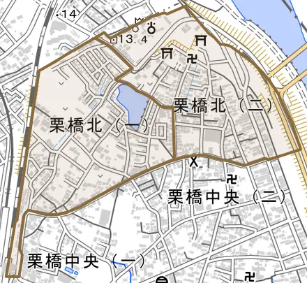 栗橋北とその周辺の地図。町の範囲を重ねている
